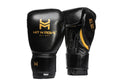 Black HIT'N'MOVE 24 oz conditioning boxing gloves with gold logos and hook-and-loop straps, front and palm views
