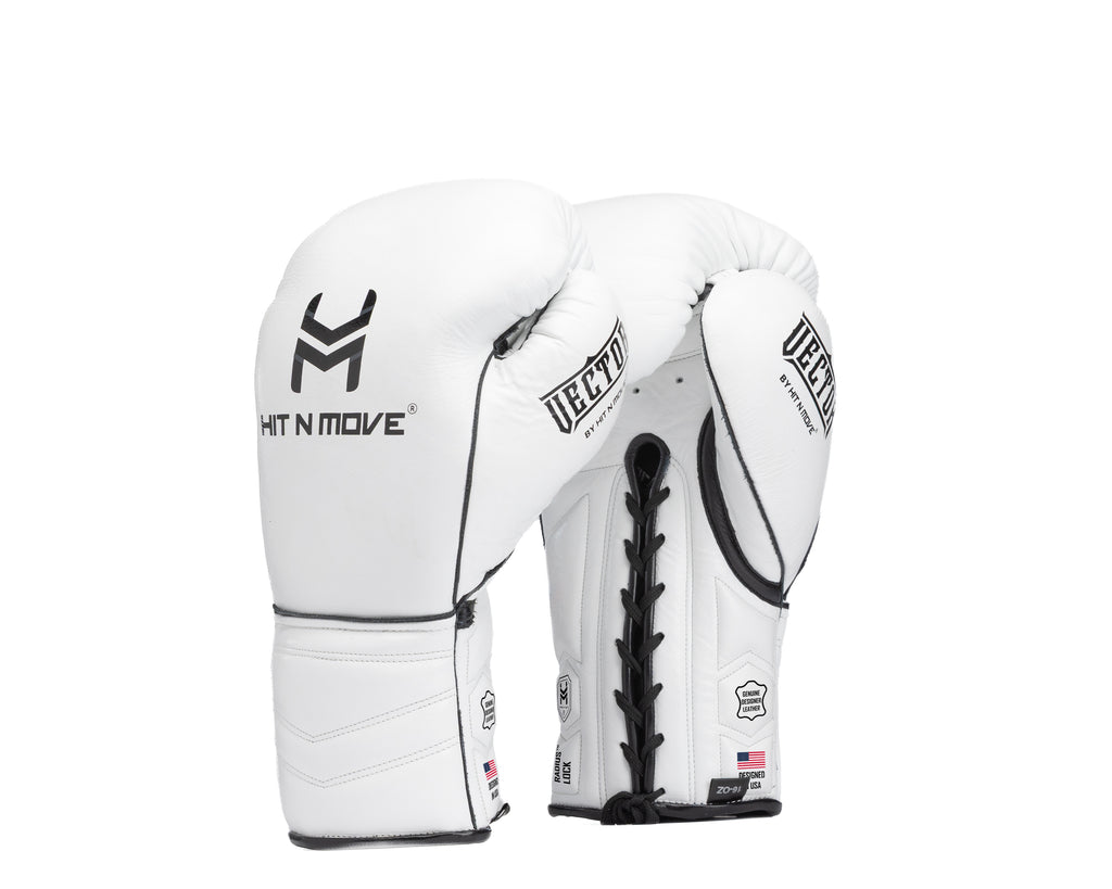 White HIT'N'MOVE VECTOR lace-up boxing gloves with black logos, trim and laces, front and palm views
