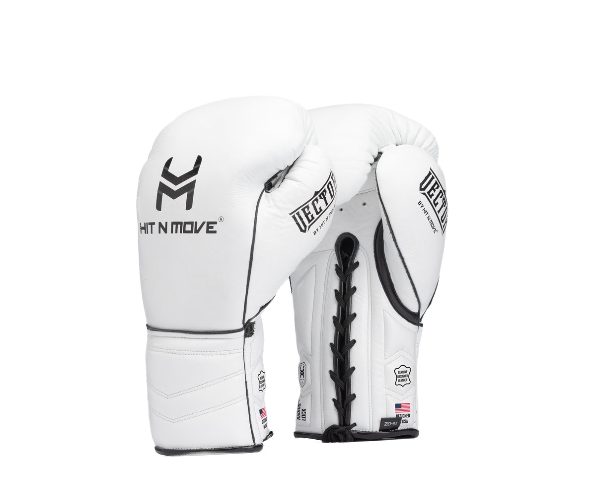 White HIT'N'MOVE VECTOR lace-up boxing gloves with black logos, trim and laces, front and palm views