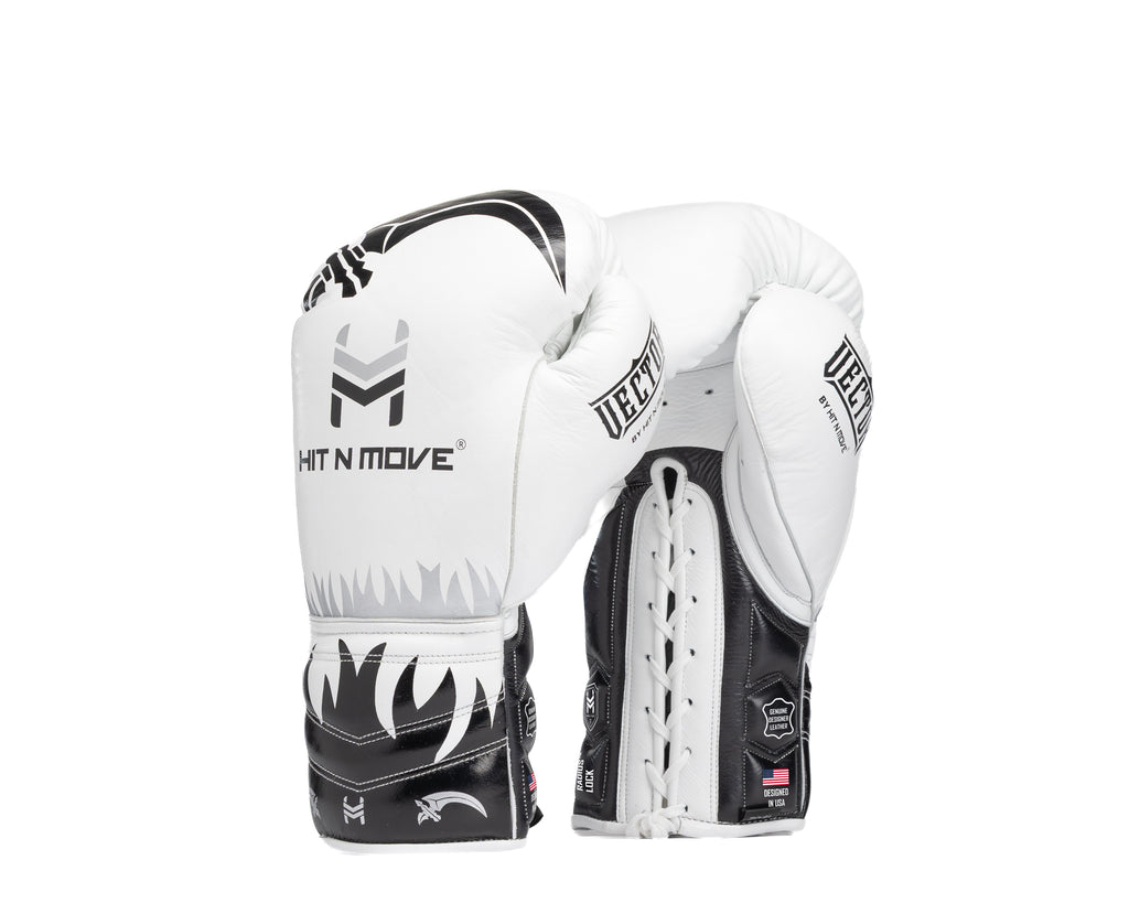 White and black HIT'N'MOVE VECTOR lace-up boxing gloves with flame graphics and white laces, front and palm views
