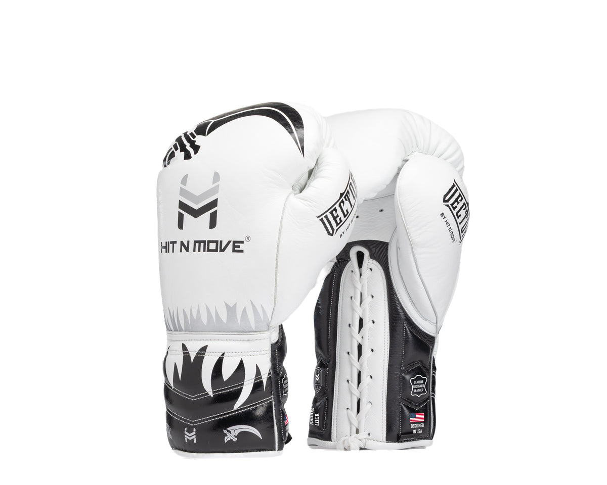 White and black HIT'N'MOVE VECTOR lace-up boxing gloves with flame graphics and white laces, front and palm views