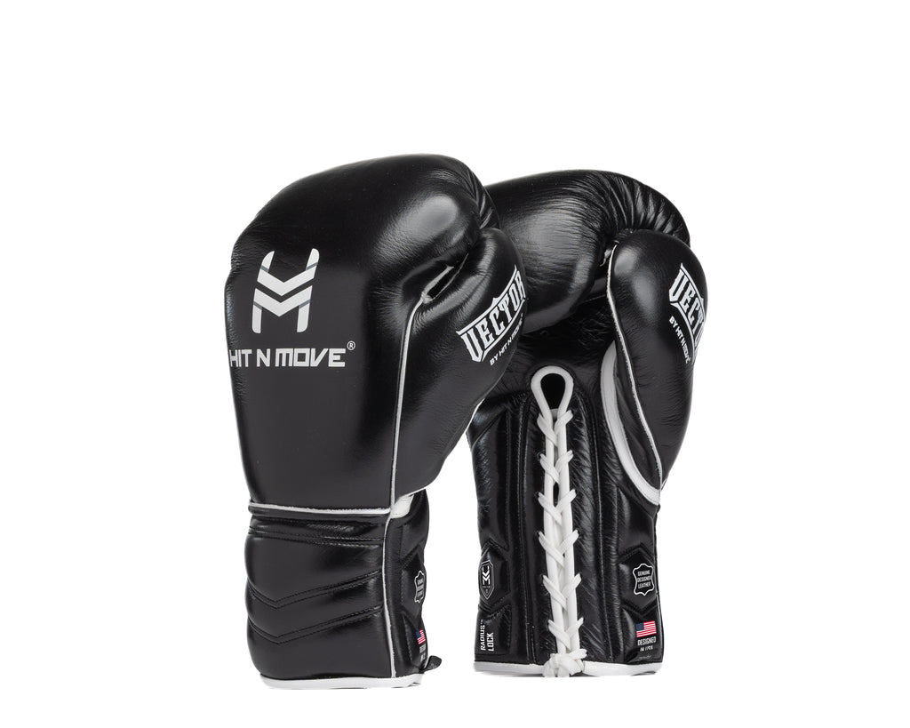 Black HIT'N'MOVE VECTOR lace-up boxing gloves with white logos, trim and laces, front and palm views