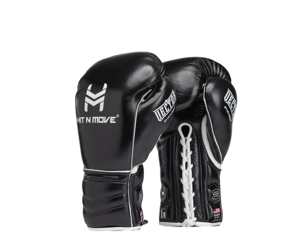 Black HIT'N'MOVE VECTOR lace-up boxing gloves with white logos, trim and laces, front and palm views