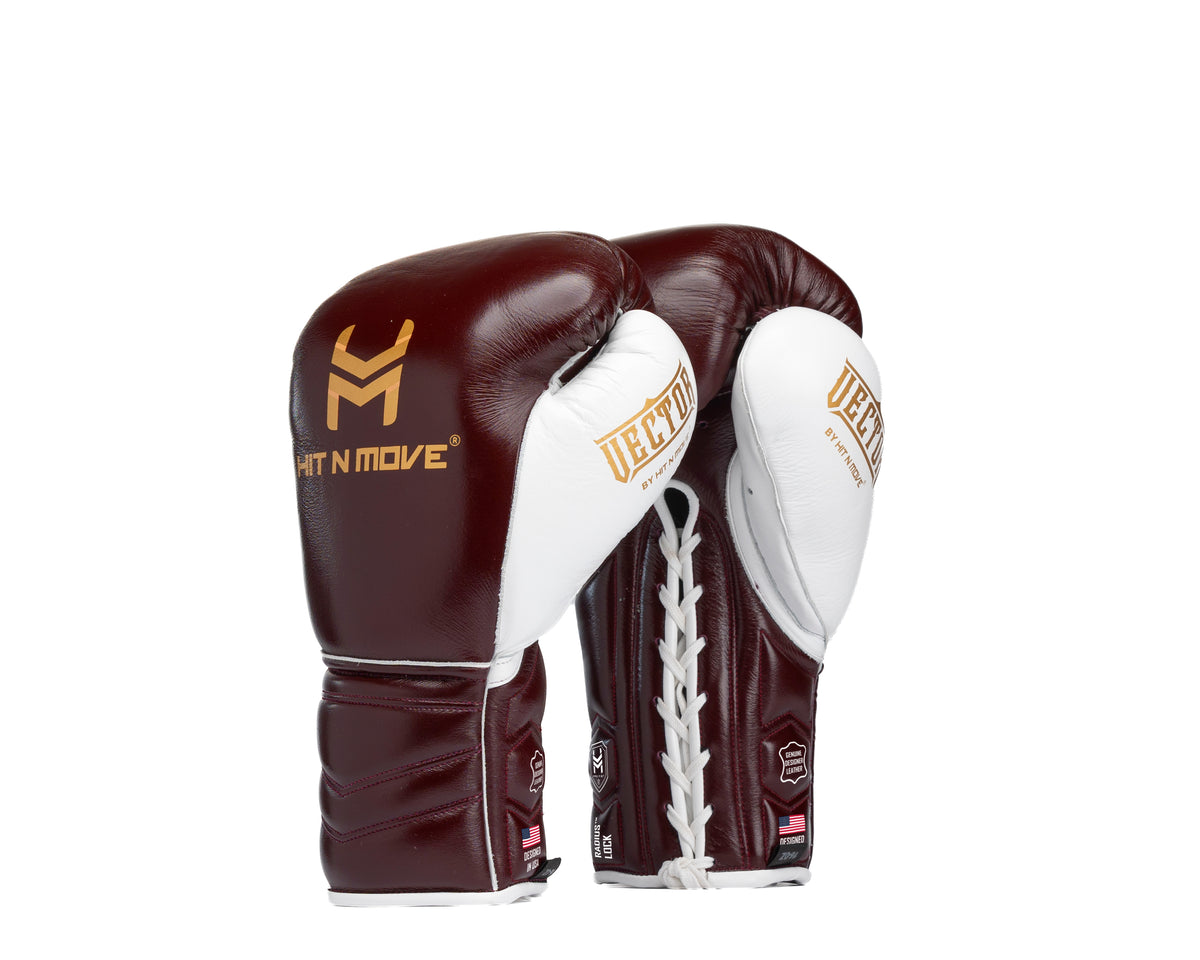 Burgundy and white HIT'N'MOVE VECTOR lace-up boxing gloves with gold logos, front and palm views