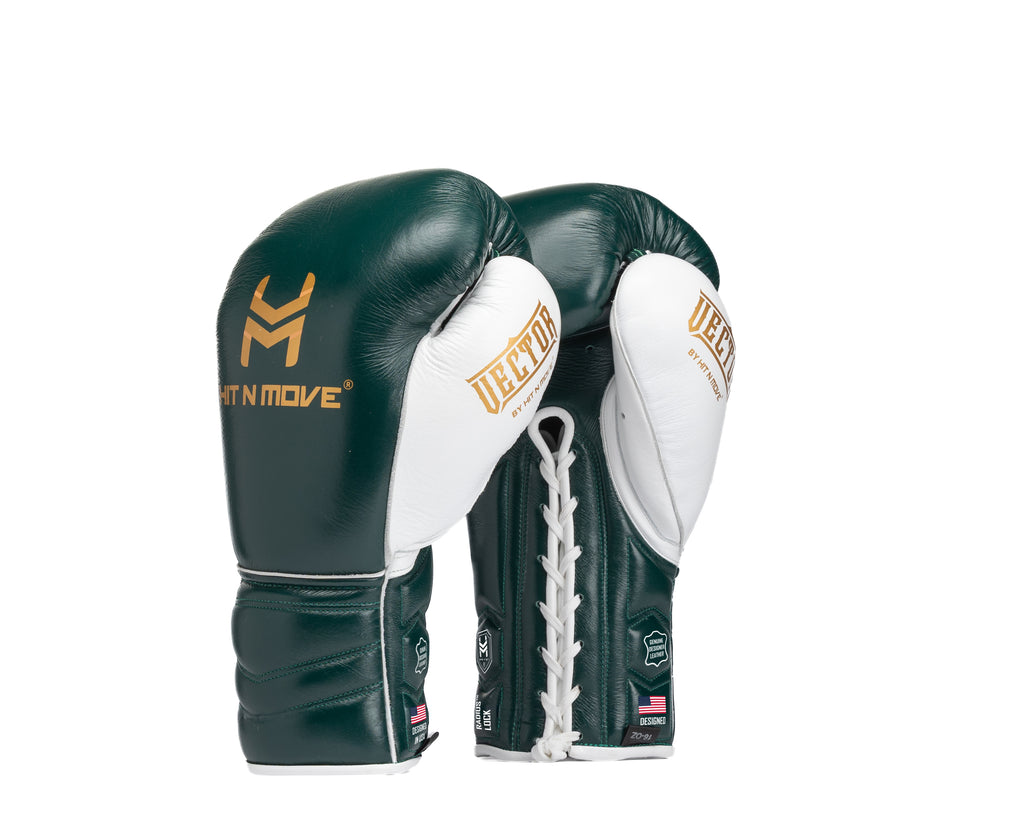 Dark green and white HIT'N'MOVE VECTOR lace-up boxing gloves with gold logos and white laces, front and palm views