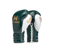 Dark green and white HIT'N'MOVE VECTOR lace-up boxing gloves with gold logos and white laces, front and palm views
