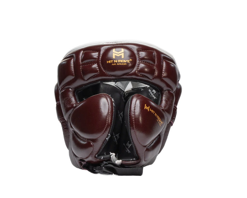 Burgundy HIT'N'MOVE Air Armor Precision boxing headgear with gold logos and cheek padding, front view